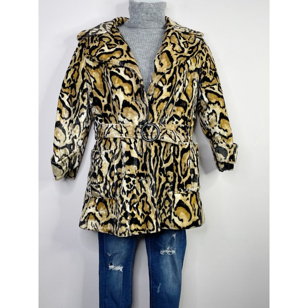 Vintage 60s 70s Glenbrooke Mod Velvet Faux Fur Leopard Ocelot Belted Jacket Coat - Picture 3 of 16